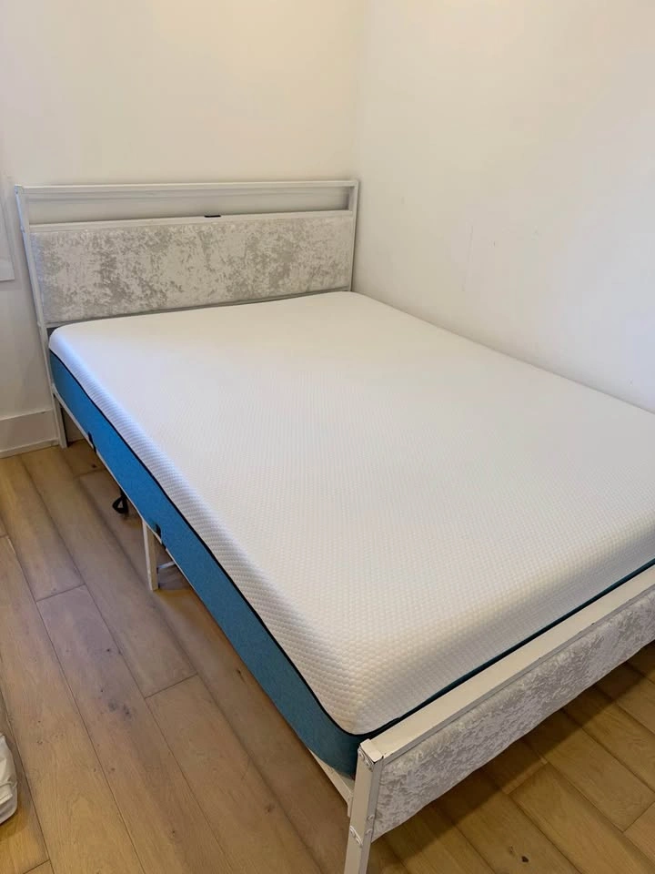 White Metal Bed Frame with USB Charging Port