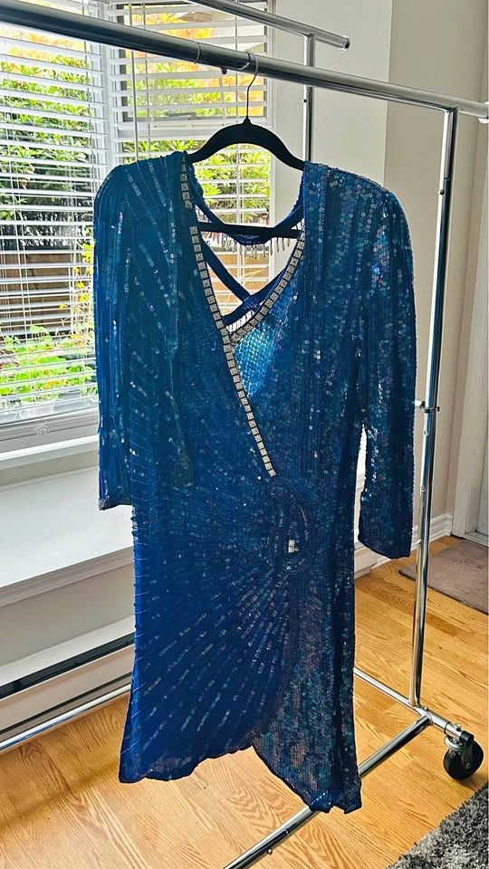 Blue Sequined and Beaded Cocktail Dress