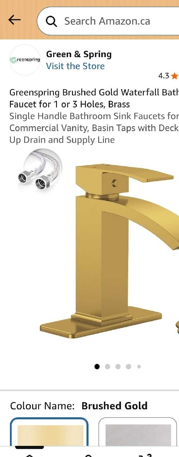 Waterfall Bathroom Faucet 1 Hole, Gold with 24” Hoses