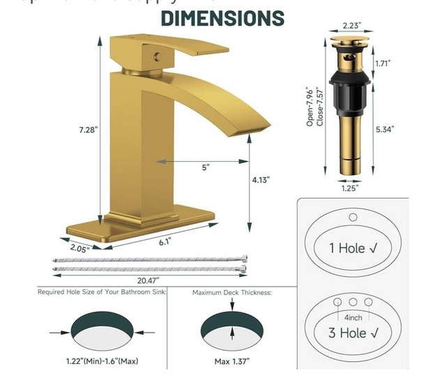 Waterfall Bathroom Faucet 1 Hole, Gold with 24” Hoses - photo 3
