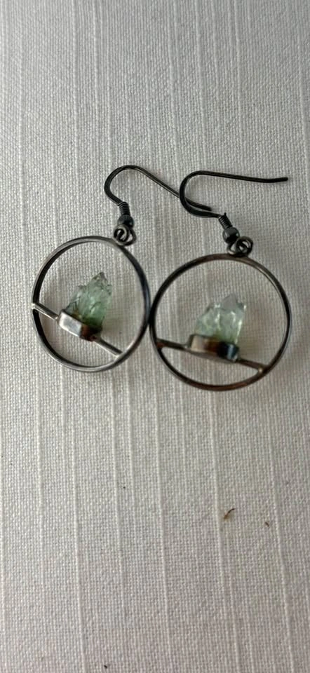 Artisan 925 Sterling Silver Raw Green Crystal Hoop Earrings