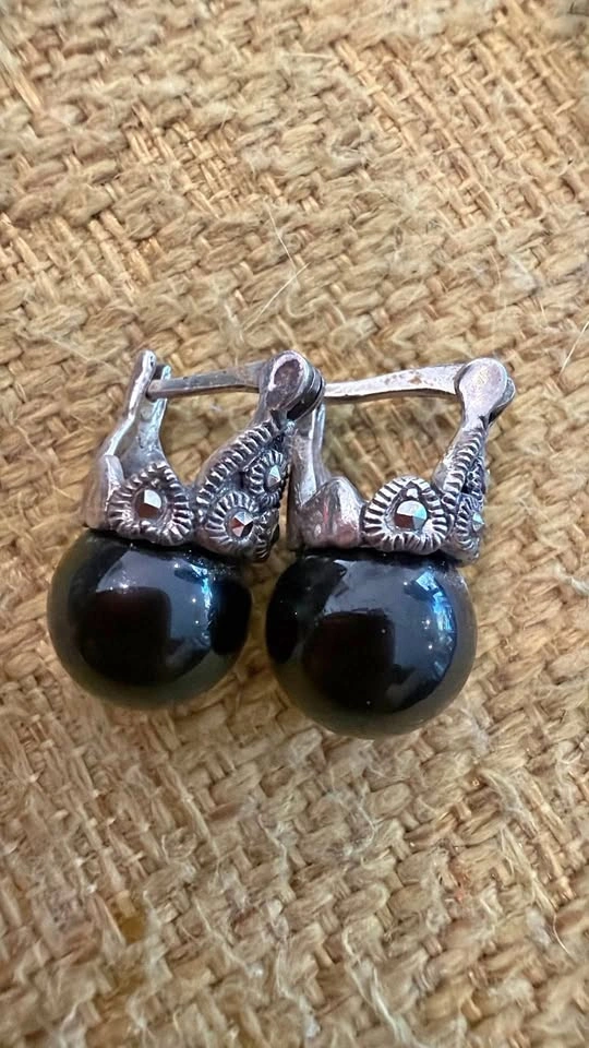 Vintage Sterling Silver 925 Black Onyx & Marcasite Earrings