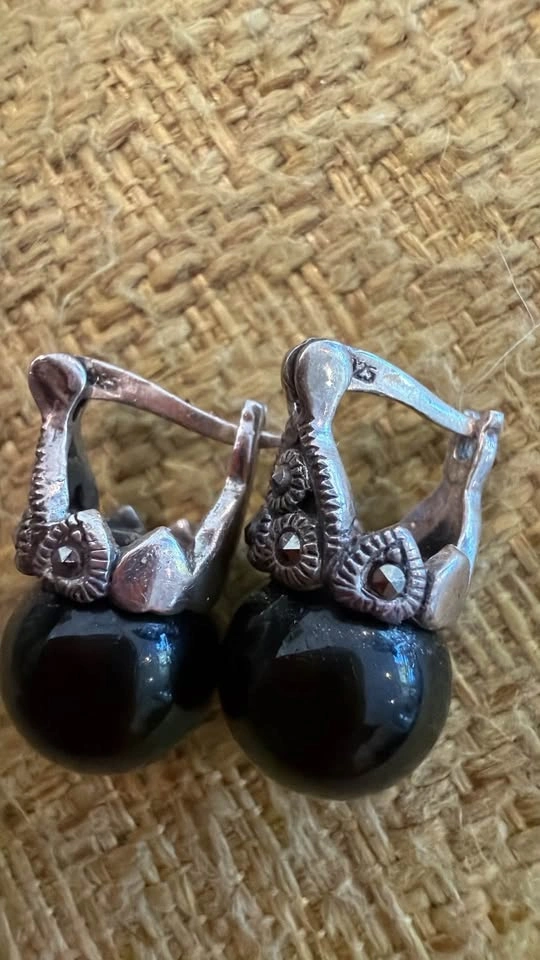 Vintage Sterling Silver 925 Black Onyx & Marcasite Earrings - photo 3