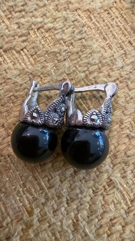 Vintage Sterling Silver 925 Black Onyx & Marcasite Earrings - photo 5