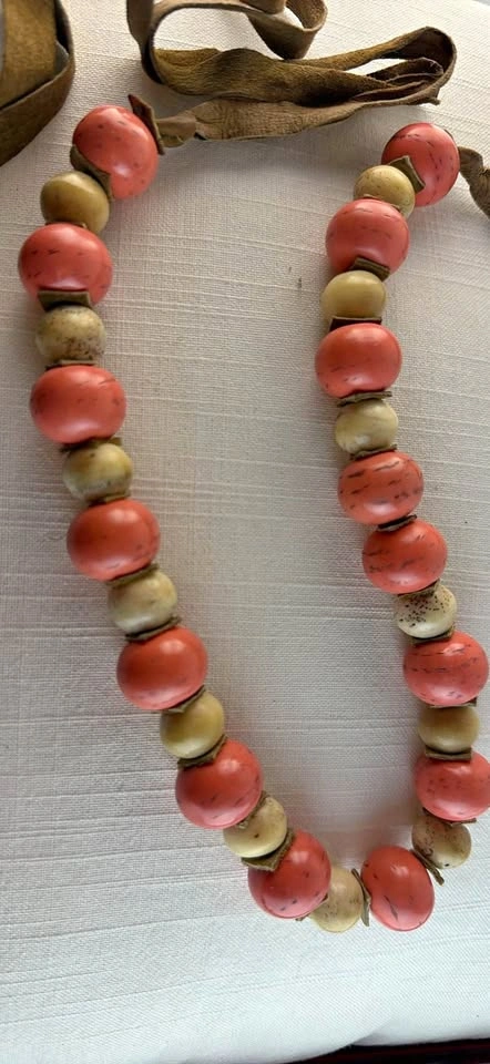 Vintage Tagua Nut Statement Necklace | Coral Pink & Cream