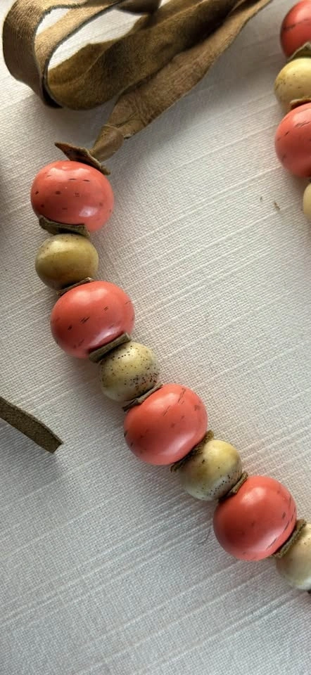 Vintage Tagua Nut Statement Necklace | Coral Pink & Cream - photo 3