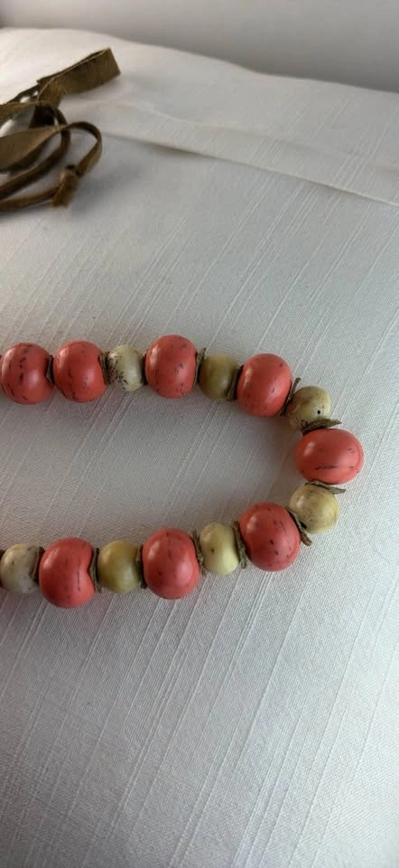 Vintage Tagua Nut Statement Necklace | Coral Pink & Cream - photo 4