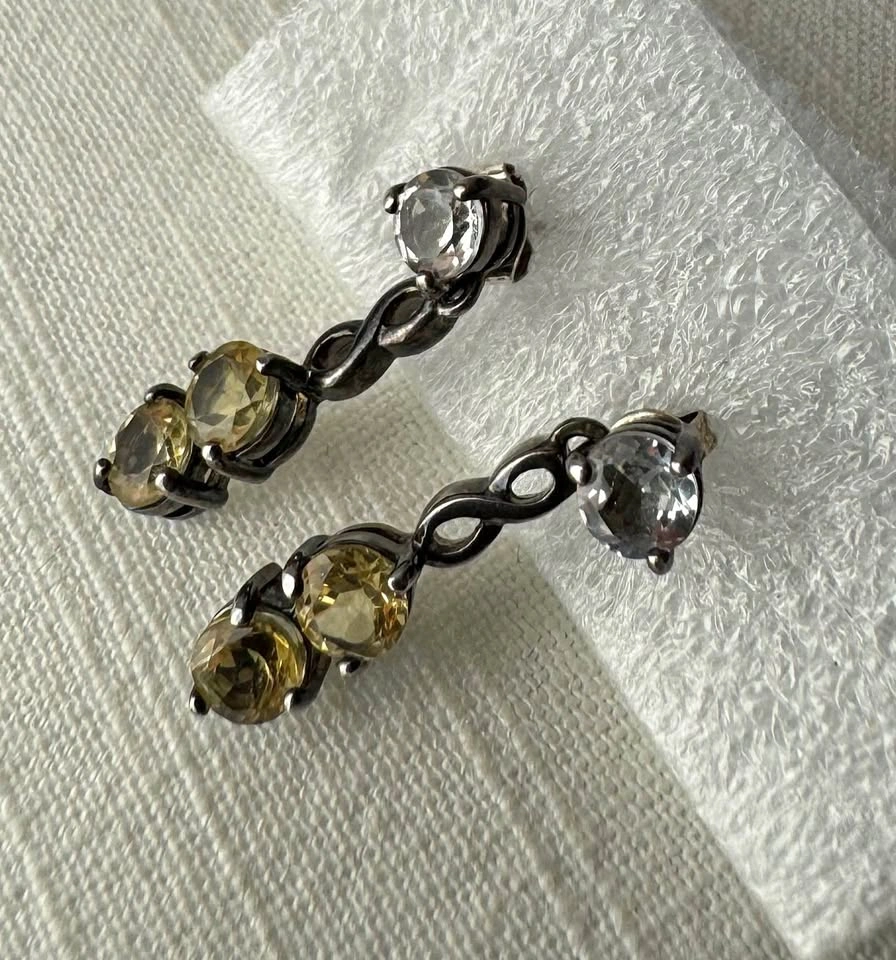 Vintage Oxidized 925 Silver Infinity Citrine Drop Earrings