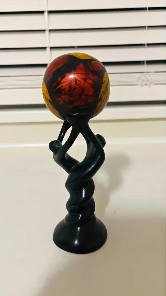 Hand-Carved Abstract Wooden Sculpture with Sphere
