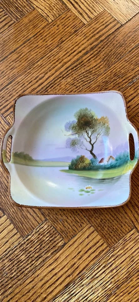 Antique Hand-Painted Nippon Square Bowl Early 1900s Landscape