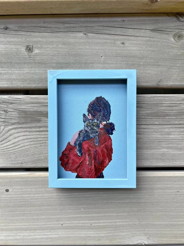 Original Acrylic Painting of Girl with Black Cat