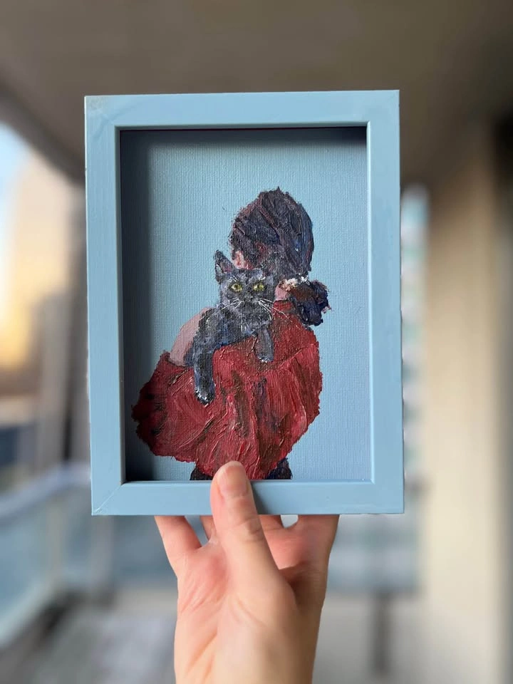 Original Acrylic Painting of Girl with Black Cat - photo 2