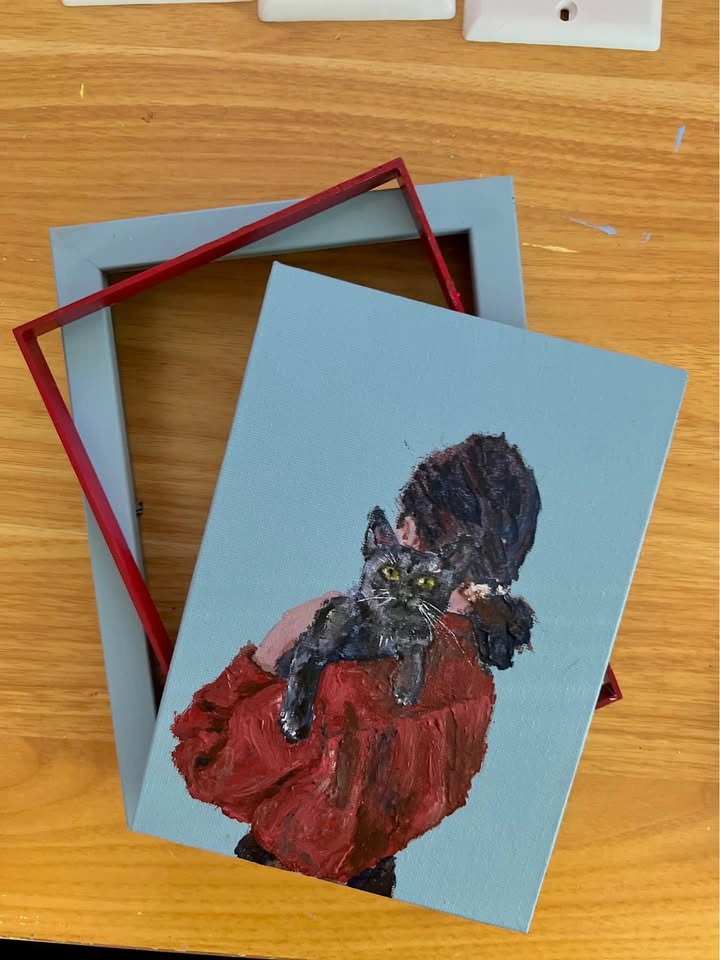 Original Acrylic Painting of Girl with Black Cat - photo 4