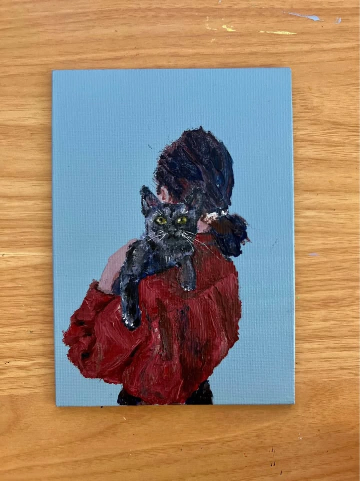 Original Acrylic Painting of Girl with Black Cat - photo 5