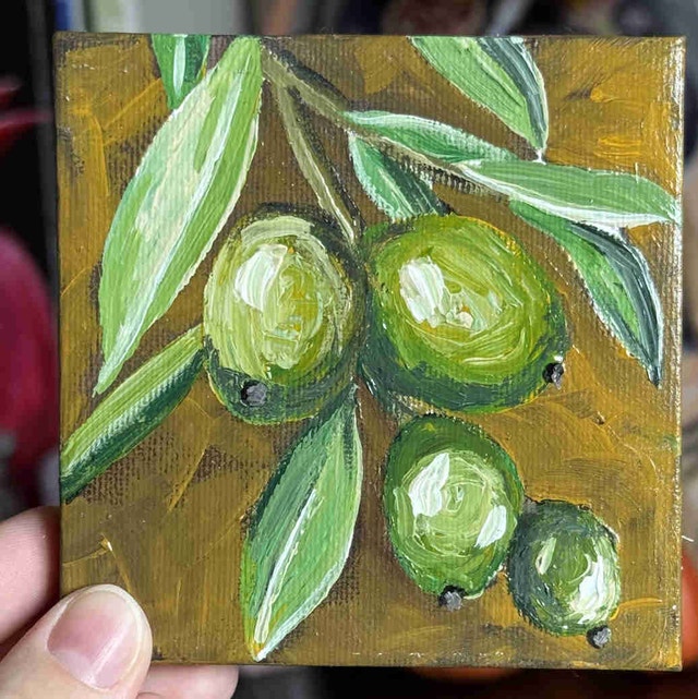 Original Olive Painting on Mini Canvas – Handmade Kitchen Art