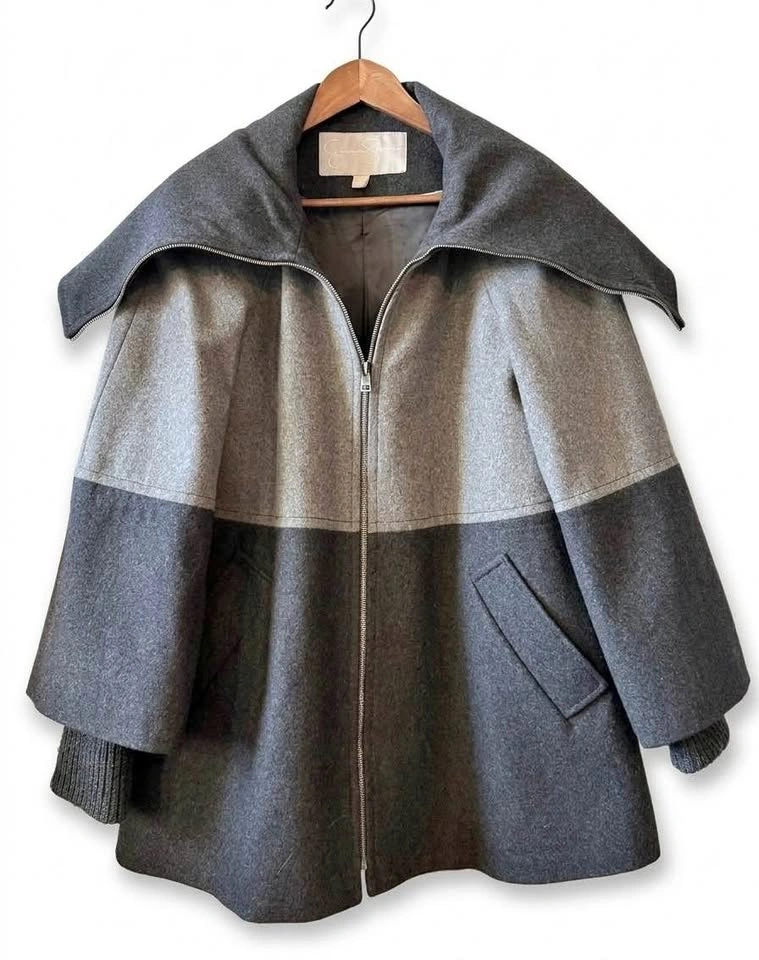 Two-Tone Wool Blend Coat with Statement Collar(Size M)