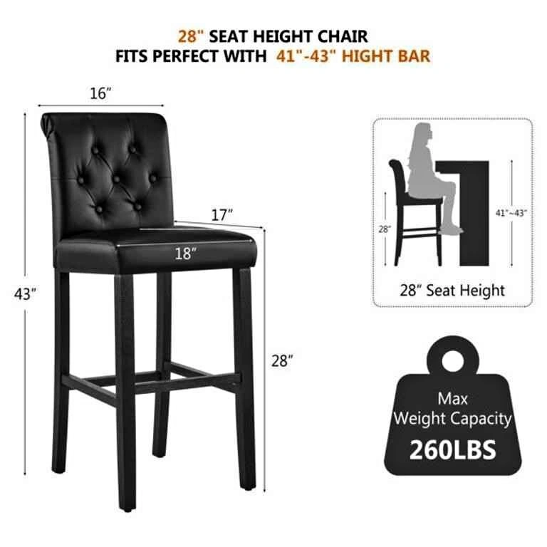 Black Tufted Faux Leather Bar Stool – 28" Bar Height