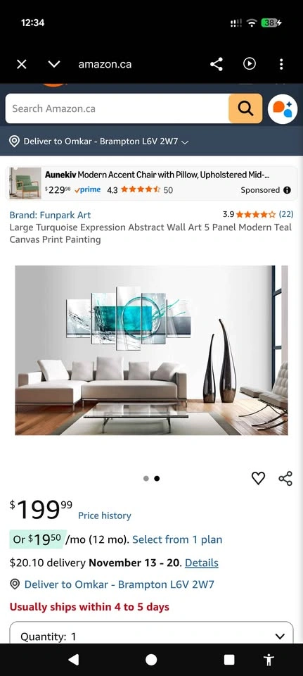 NEW 5-Piece Turquoise Abstract Canvas Wall Art – 60" x 30" - photo 5