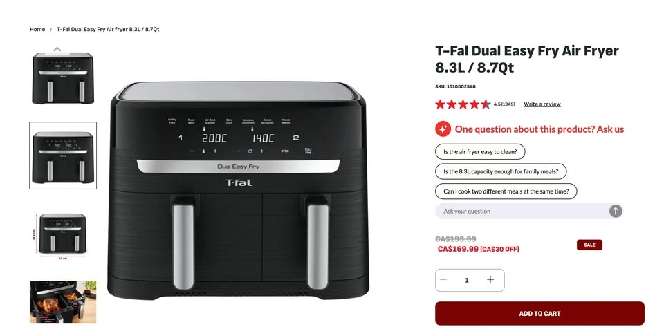 T-fal Dual Easy Fry 8.3L – Dual Basket Air Fryer - photo 2