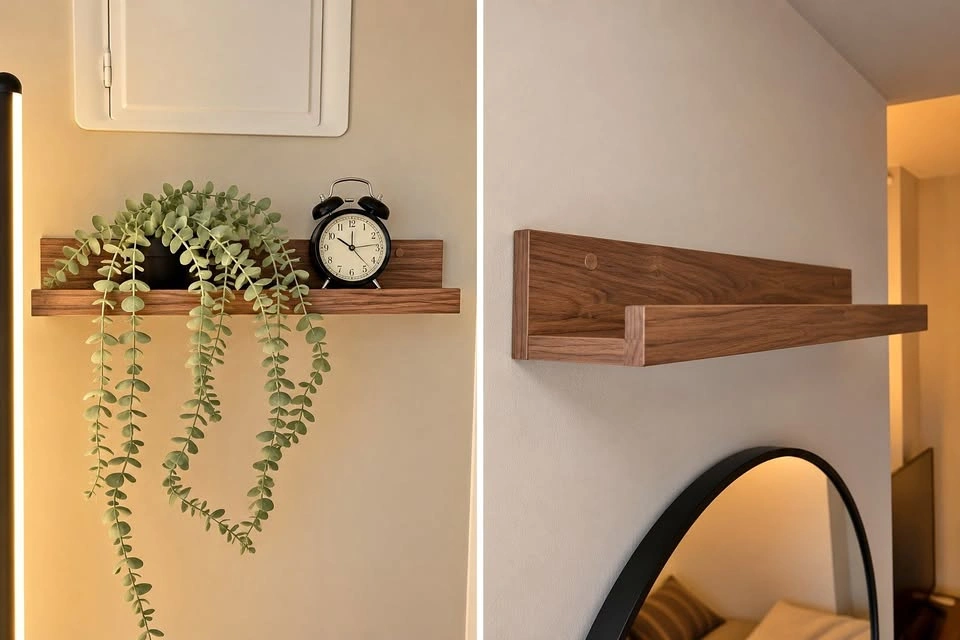 Modern Wooden Floating Wall Shelf + Artificial Plant & Clock