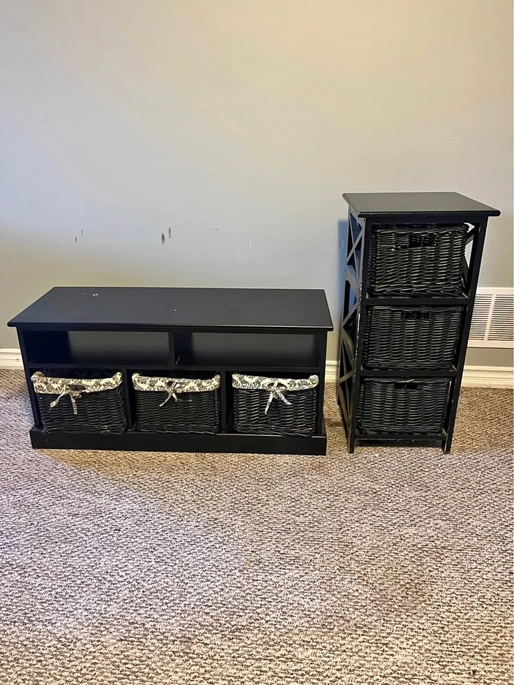 Black Storage Bench and Matching Wicker Basket Tower