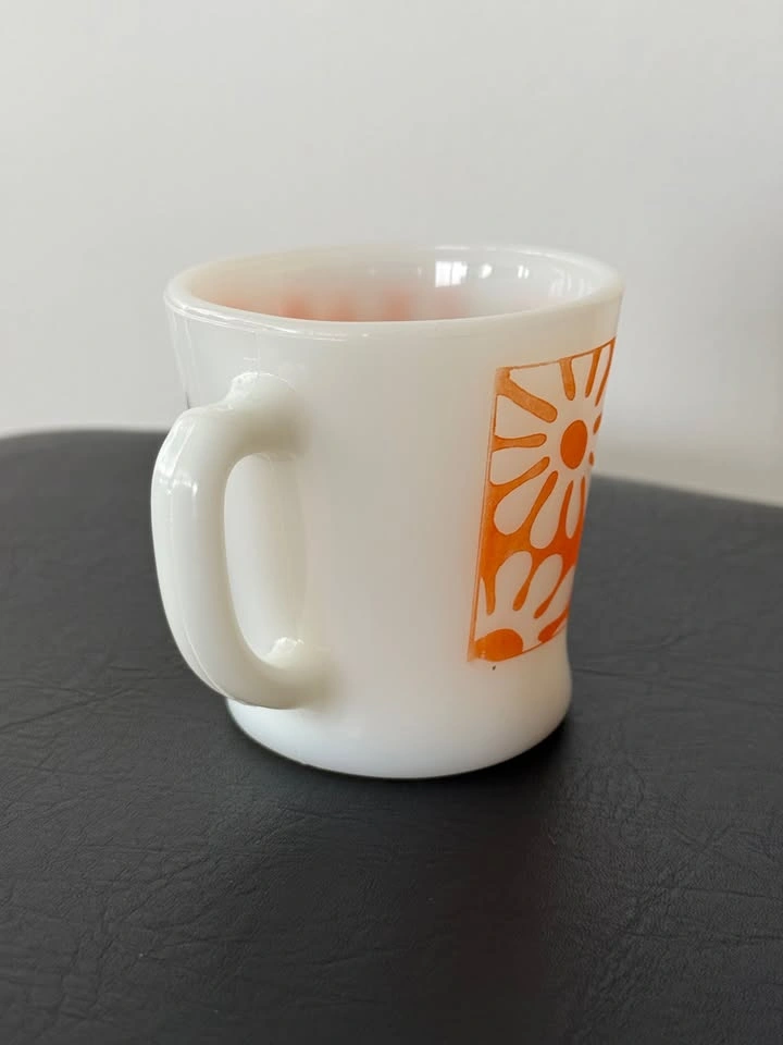 Vintage Fire-King Orange Daisy Milk Glass Mug – D-Handle - photo 2