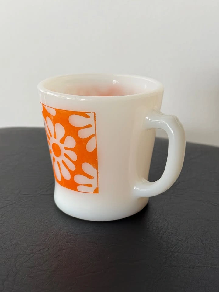 Vintage Fire-King Orange Daisy Milk Glass Mug – D-Handle - photo 3