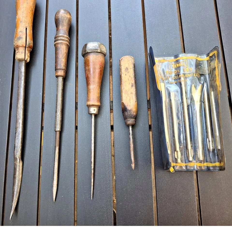 Vintage Wood-Handled Tool Lot — Awls, Rug Hook, Oxwall Set