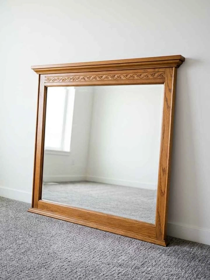 Large Vintage Oak Framed Wall Mirror 42 x 45 in
