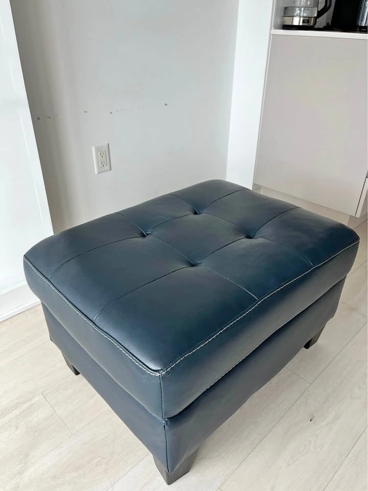 Navy Blue Tufted Faux Leather Ottoman