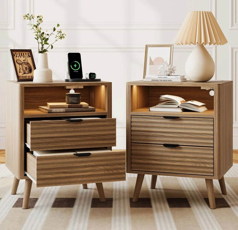 TWO Wooden Bedside Table with LED Lighting - photo 3