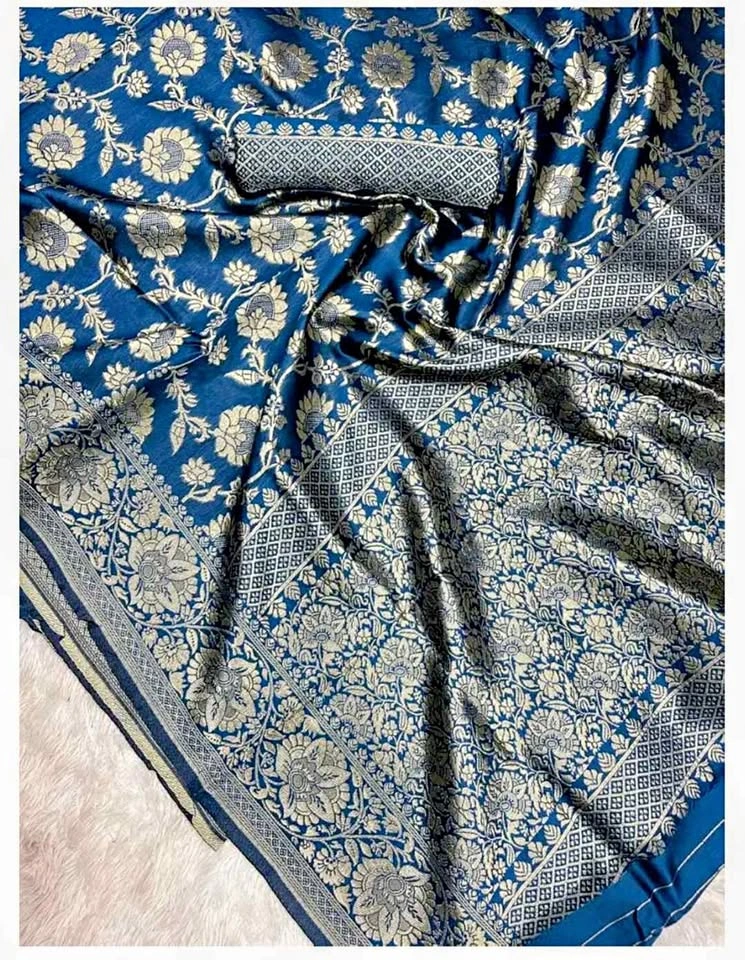 Blue Banarasi Silk Saree with Zari Floral Work