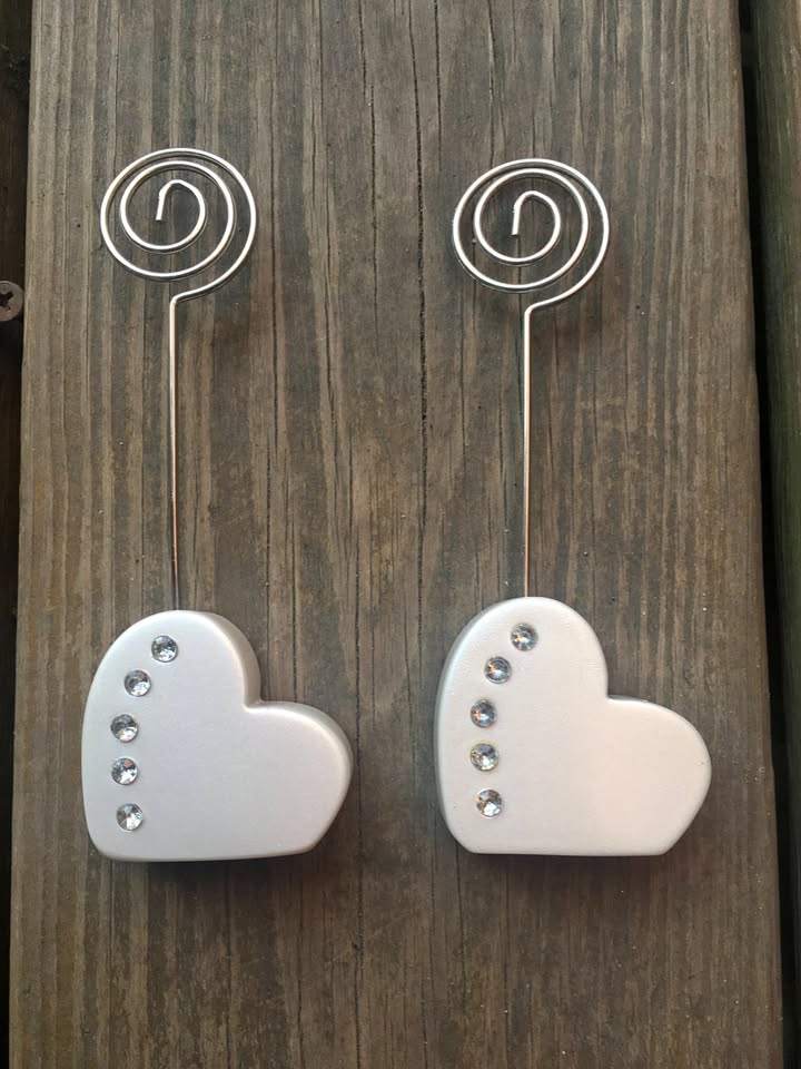 Pair Of Jeweled Silver Heart Picture Holders - 5" Tall