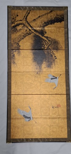 Japanese folding screen depicting cranes and pine trees - photo 2