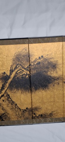 Japanese folding screen depicting cranes and pine trees - photo 3