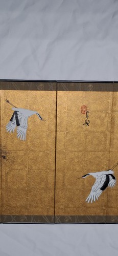 Japanese folding screen depicting cranes and pine trees - photo 5