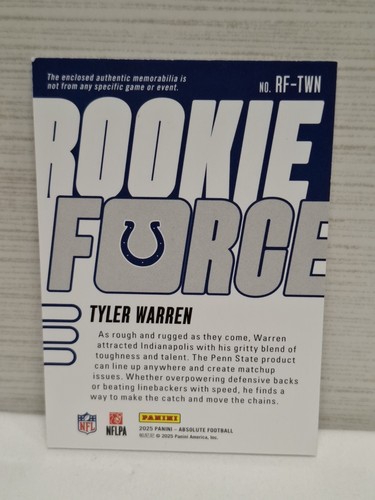 2025 Panini Absolute - Rookie Force Tyler Warren #RF-TWN (RC) - photo 2