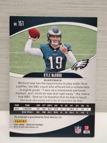 Kyle McCord 2025 Panini Absolute Football Auto 151 Rookie RC - photo 2