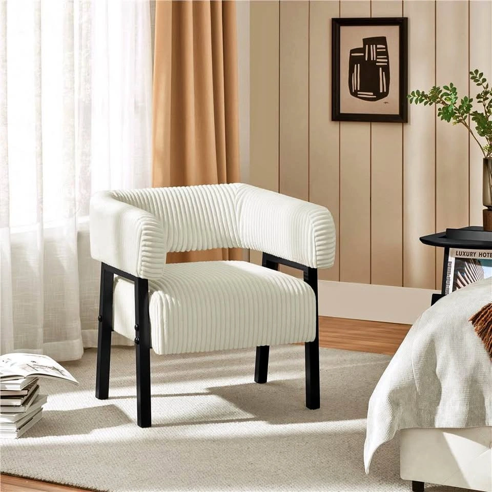 White Ribbed Corduroy Barrel Accent Chair - Black Metal Frame