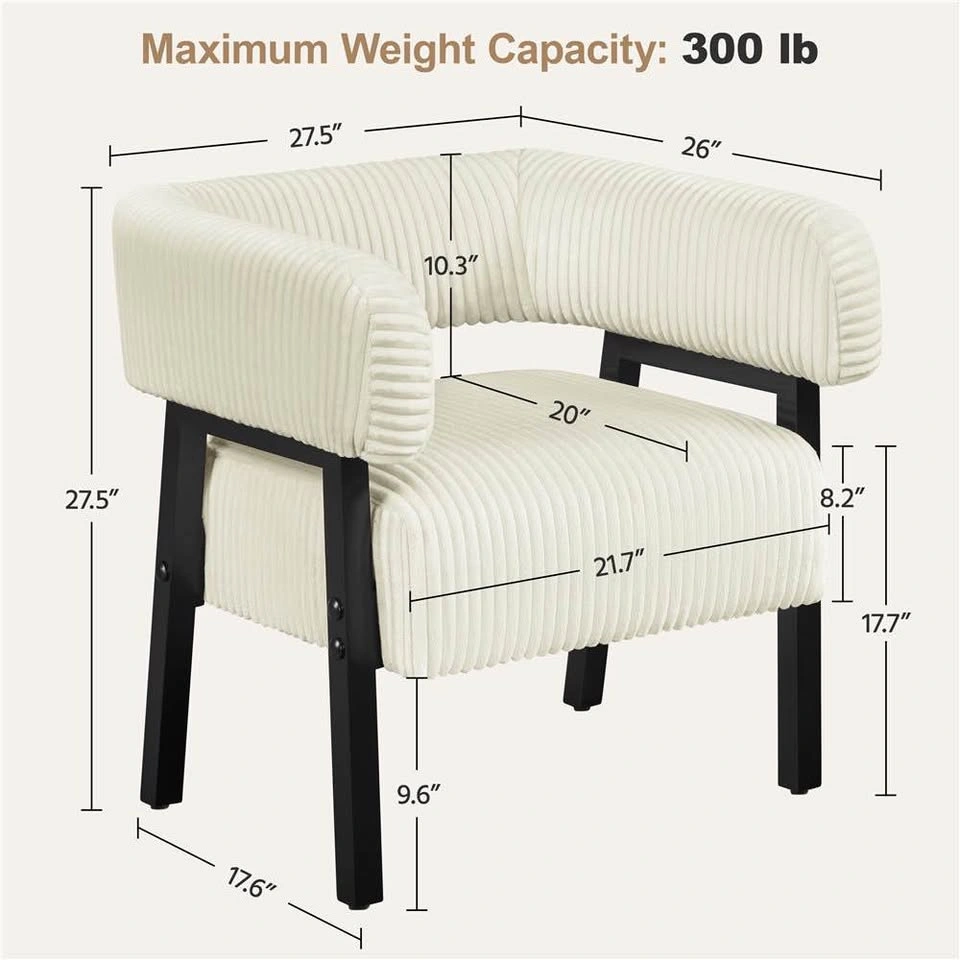 White Ribbed Corduroy Barrel Accent Chair - Black Metal Frame - photo 2