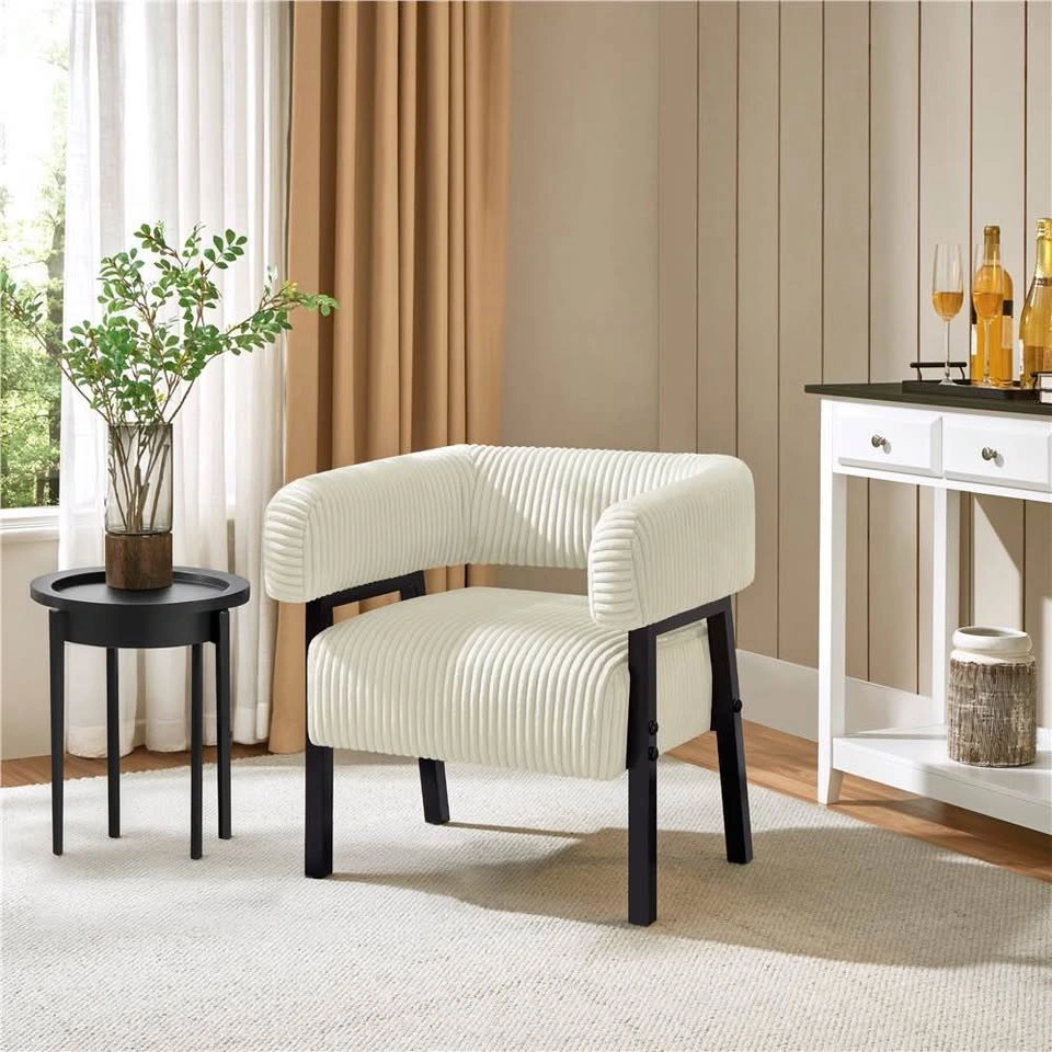 White Ribbed Corduroy Barrel Accent Chair - Black Metal Frame - photo 3