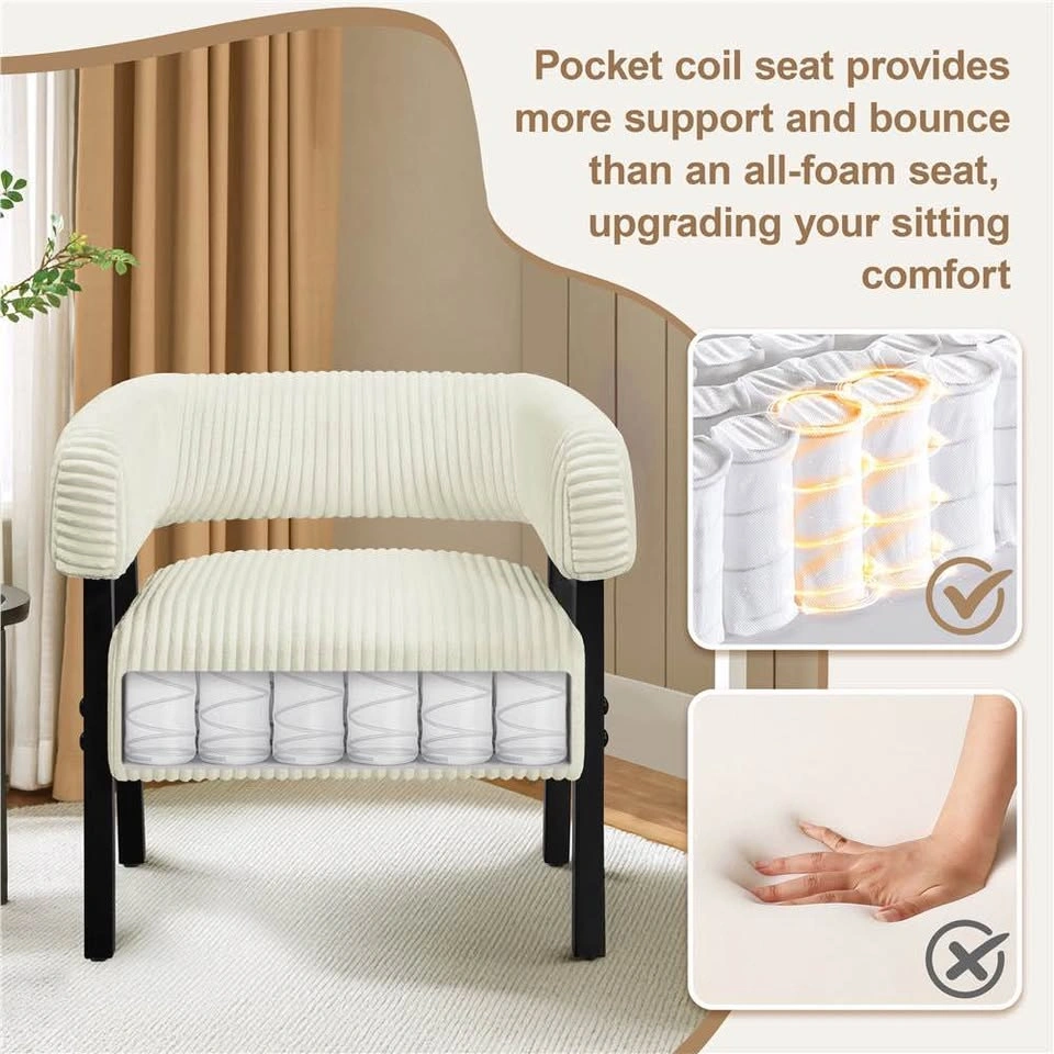 White Ribbed Corduroy Barrel Accent Chair - Black Metal Frame - photo 4