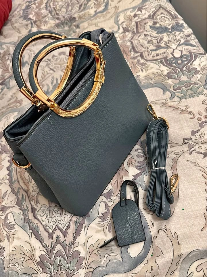 Blue Faux Leather Handbag with Gold Ring Handles