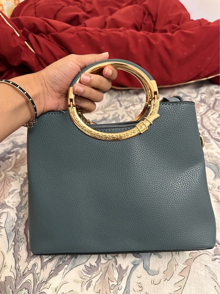 Blue Faux Leather Handbag with Gold Ring Handles - photo 2