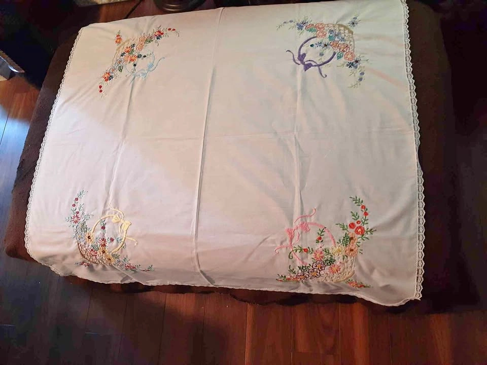Vintage Hand-Embroidered Floral Basket Tablecloth with Lace Trim