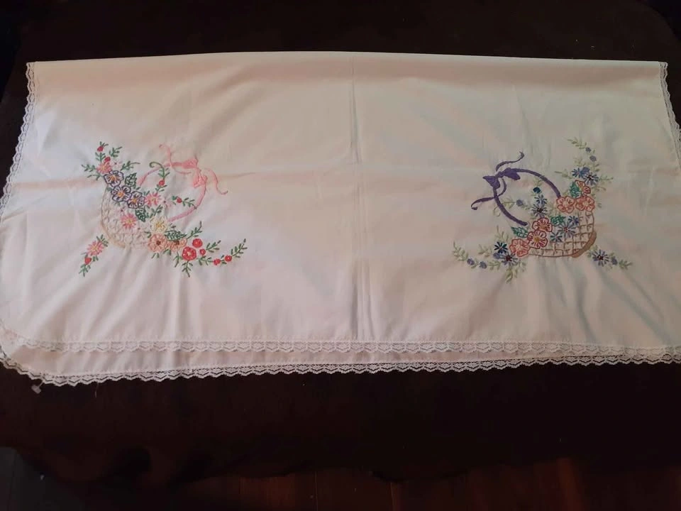 Vintage Hand-Embroidered Floral Basket Tablecloth with Lace Trim - photo 3