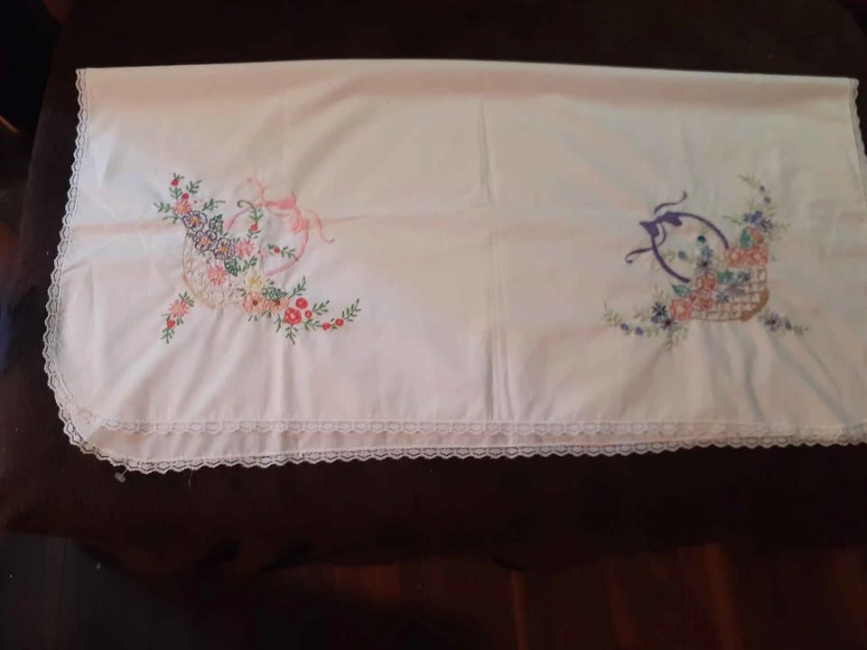 Vintage Hand-Embroidered Floral Basket Tablecloth with Lace Trim - photo 4