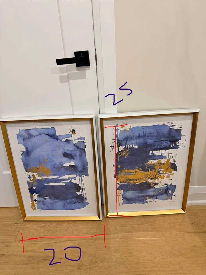 Set of 2 Blue & Gold Framed Abstract Wall Art