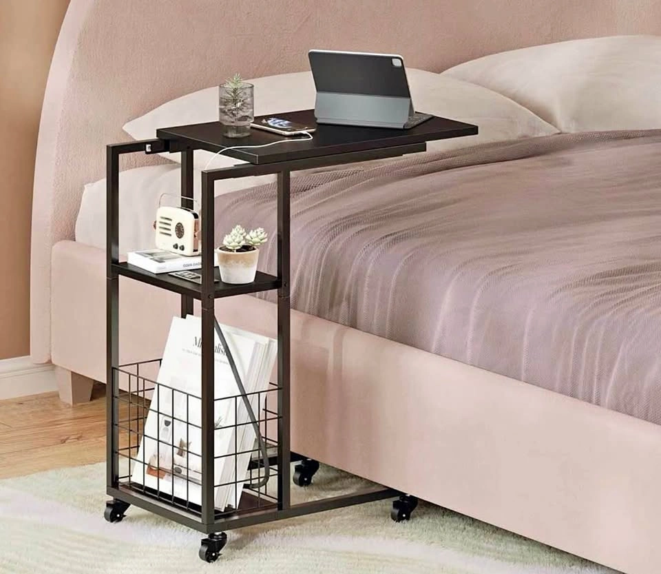 C-Shaped Rolling Bedside Table with Storage and Plugs
