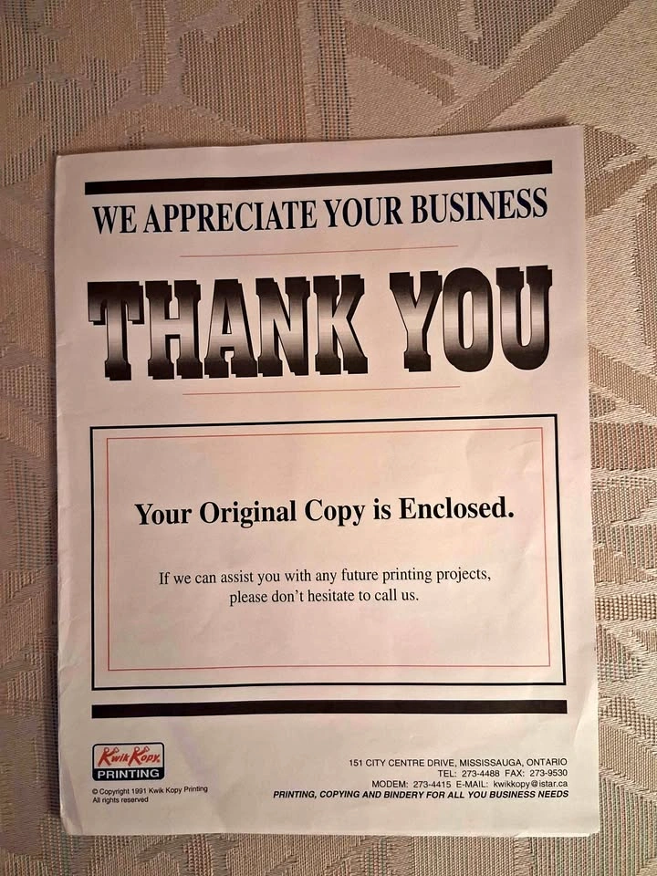 Retro 1997 Kwik Kopy Thank You Folder Ephemera